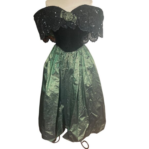 Vintage 80s Jessica McClintock Prom Dress 4 Black Velvet Green Fairy Goth - Picture 1 of 13